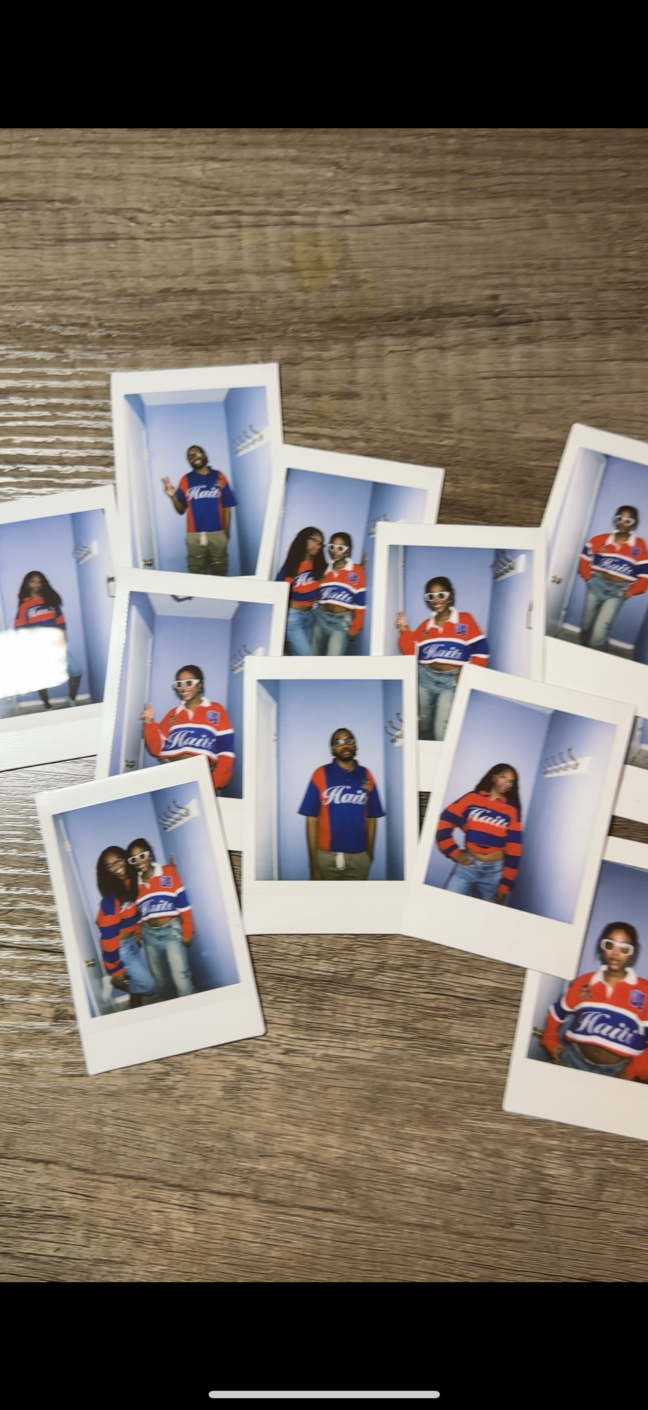 Multiple Polaroid-style photos of people wearing sports jerseys on a wooden surface.